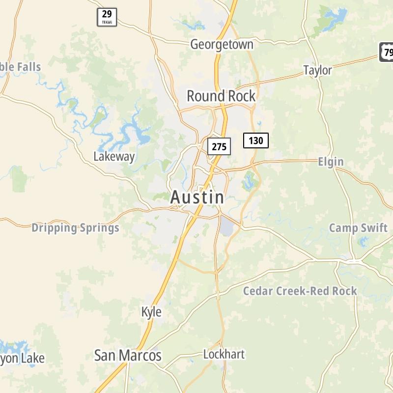 Static map of the Austin - Round Rock area.