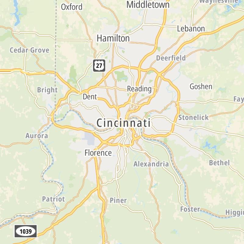 Static map of the Cincinnati - Covington area.