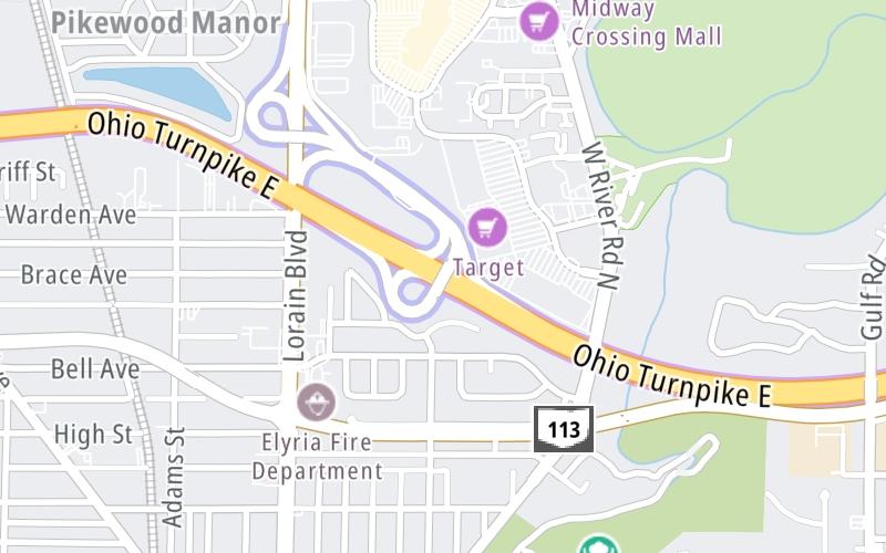 Static map of Ohio Turnpike at Lorain / Elyria / SR 57