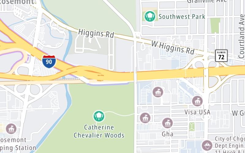 Static map of Jane Addams Memorial Tollway at O'Hare / I-90 WB to I-190 WB / I-294 SB