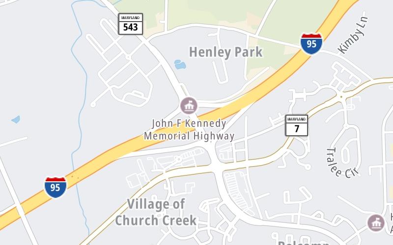 Static map of John F Kennedy Memorial Highway at MD 543 / Riverside Parkway