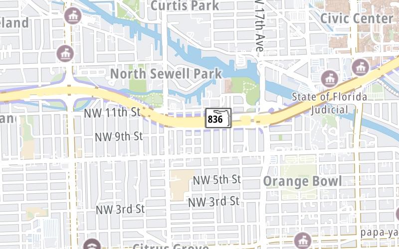 Static map of Dolphin Expressway at Miami East AET Toll Gantry