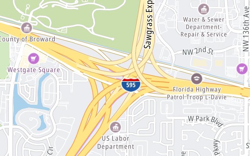 Static map of Sawgrass Expressway at I-595 / I-75