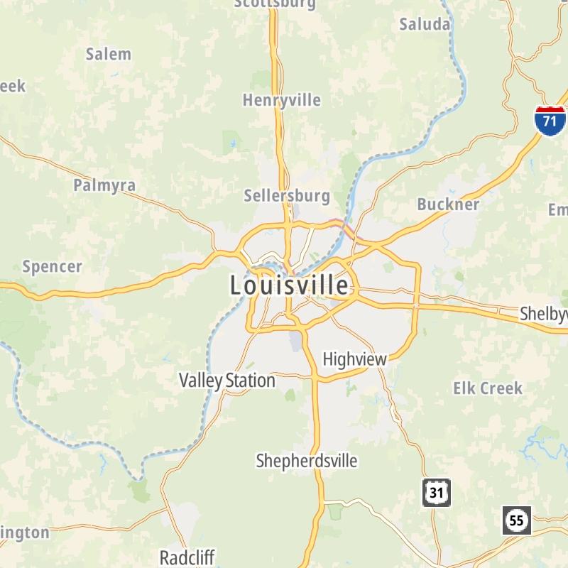 Static map of the Louisville - Southern Indiana area.