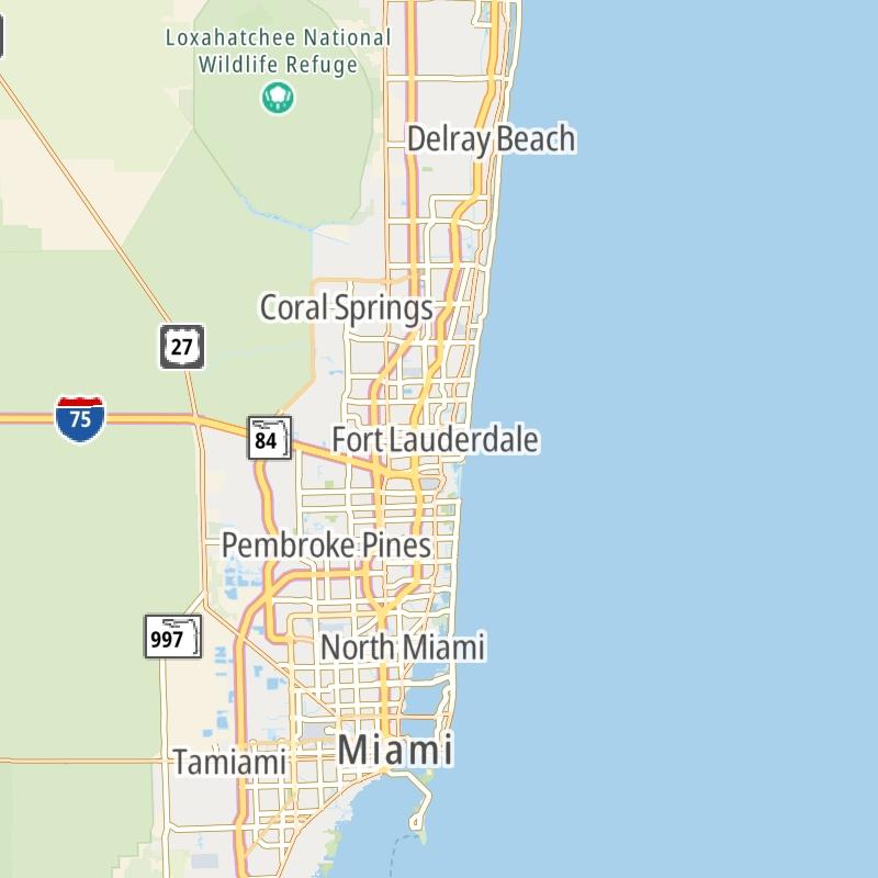 Static map of the Miami - South Florida area.