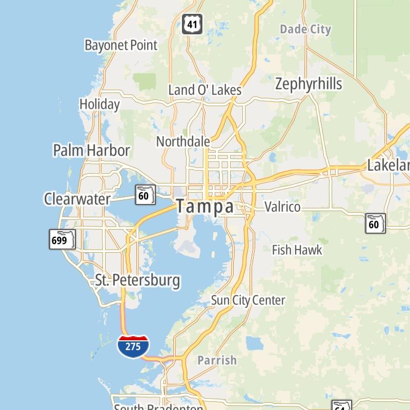 Static map of the Tampa Bay - West Central Florida area.